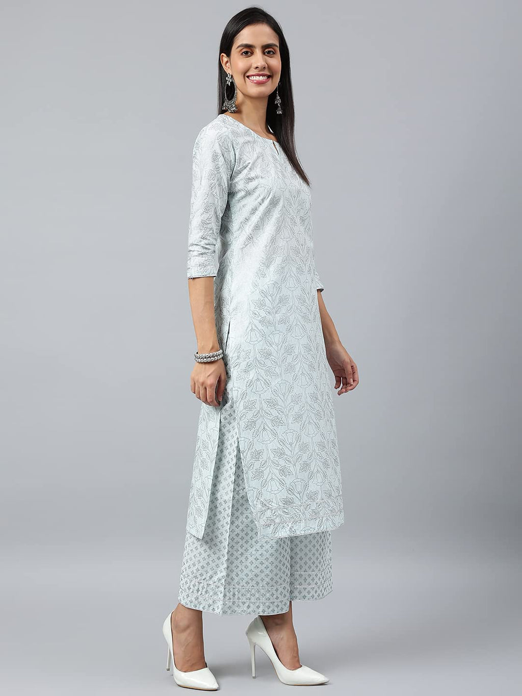 ANNI DESIGNER Womens Cotton Blend Straight Printed Kurta with Palazzo & Dupatta (Suchi Sky Blue_M_Sky Blue_Medium)