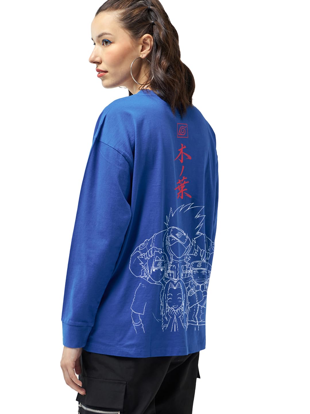 Bewakoof Official Naruto Merchandise Womens Graphic Print Oversized Fit Full Sleeve Round Neck Cotton Jersey T-Shirt_628712_Blu