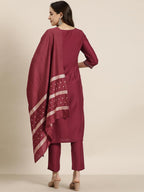 Ziyaa Women'S Art Silk Maroon Color Chinon Straight Foil Printed Kurta, Pant And Dupatta Set