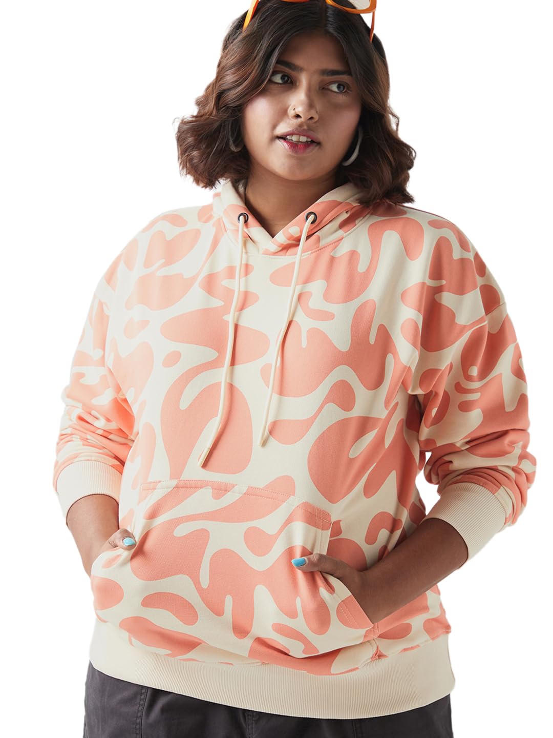 Bewakoof Womens AOP Oversized Fit Full Sleeve Hooded Fleece Blend Plus Size Hoodies_641055_Beige_3XL