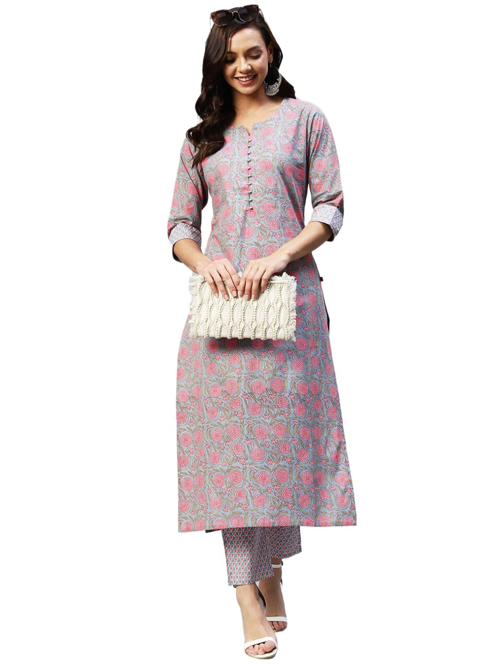 ANNI DESIGNER Womens Cotton Blend Straight Printed Kurta with Palazzo (Lochna Grey_M_ Grey_Medium)
