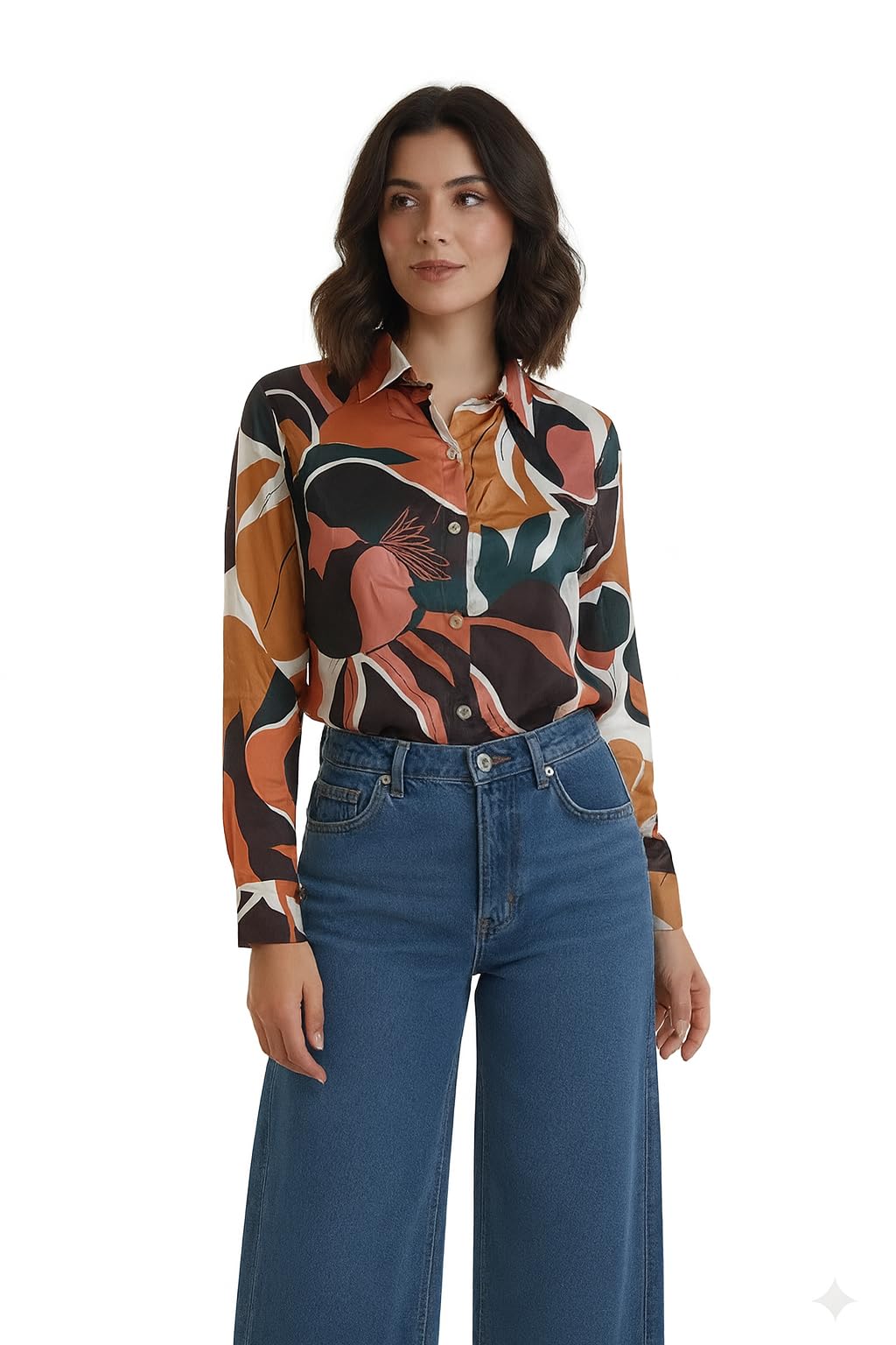 Amazon Brand  Inkast Womens Abstract Floral Printed Spread Collar Long Sleeves Casual Cami Shirt (Rdsws7_L)