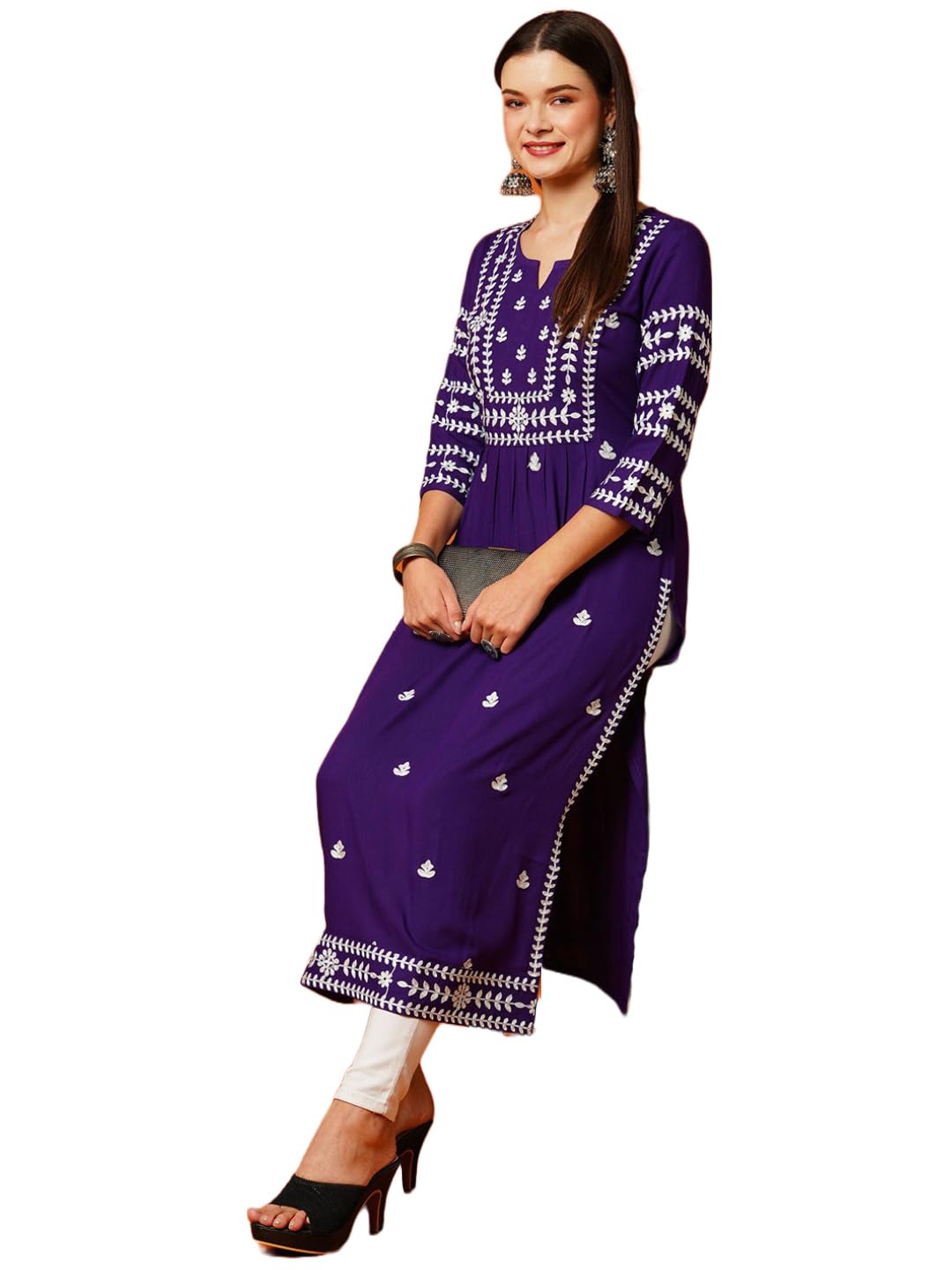 ANNI DESIGNER Womens Rayon Blend Chikankari Embroidered Straight Kurta (ELEVAN-BEGANI-TNW_S_Violet_Small)
