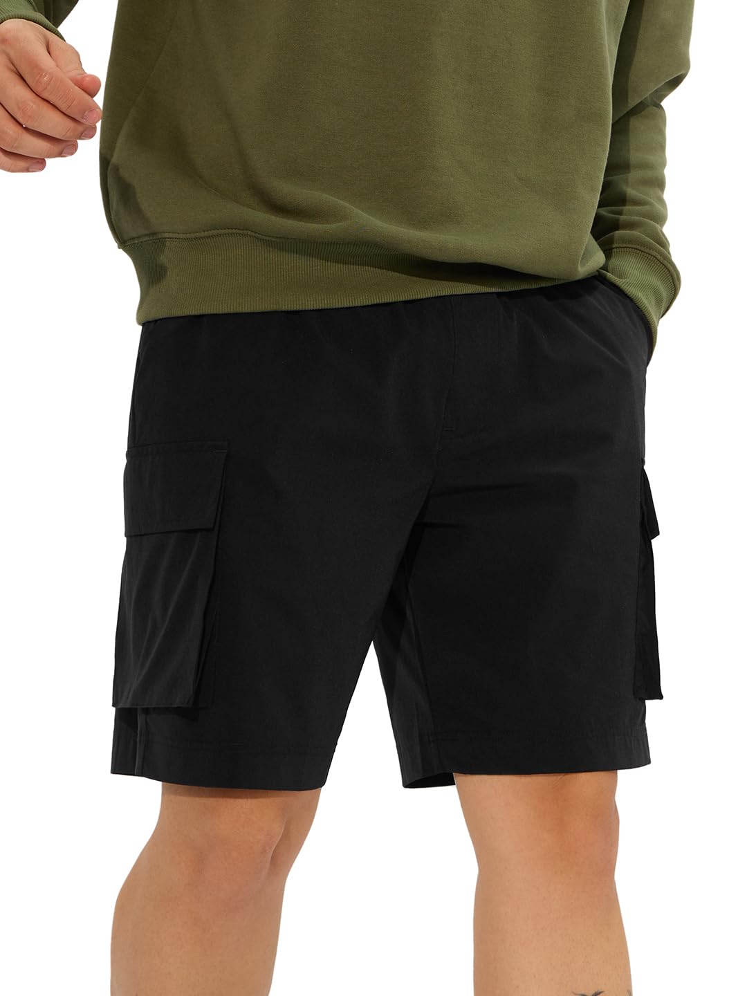 The Souled Store Solids: Black Men and Boys Drawstringed Knee Length Nylon Blend Cargo Shorts