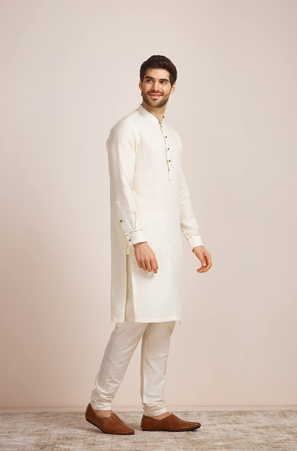 Manyavar Mens Linen Solid Traditional Long Kurta