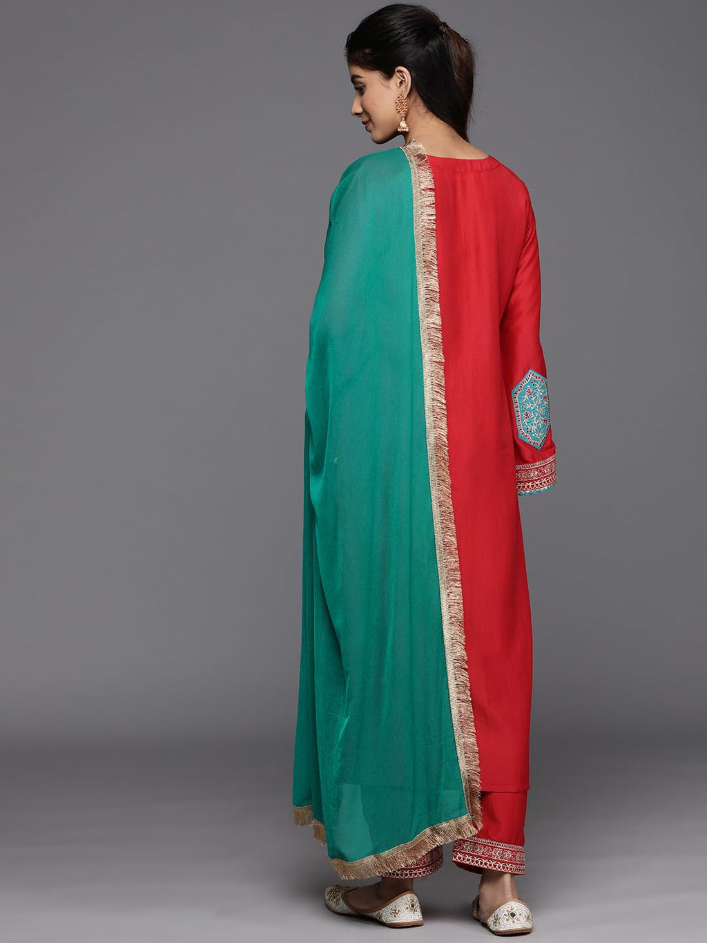 Varanga Women Red Embroidered Straight Kurta Paired With Tonal Bottom And Contrast Dupatta With Four Sided Fringes