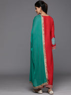 Varanga Women Red Embroidered Straight Kurta Paired With Tonal Bottom And Contrast Dupatta With Four Sided Fringes