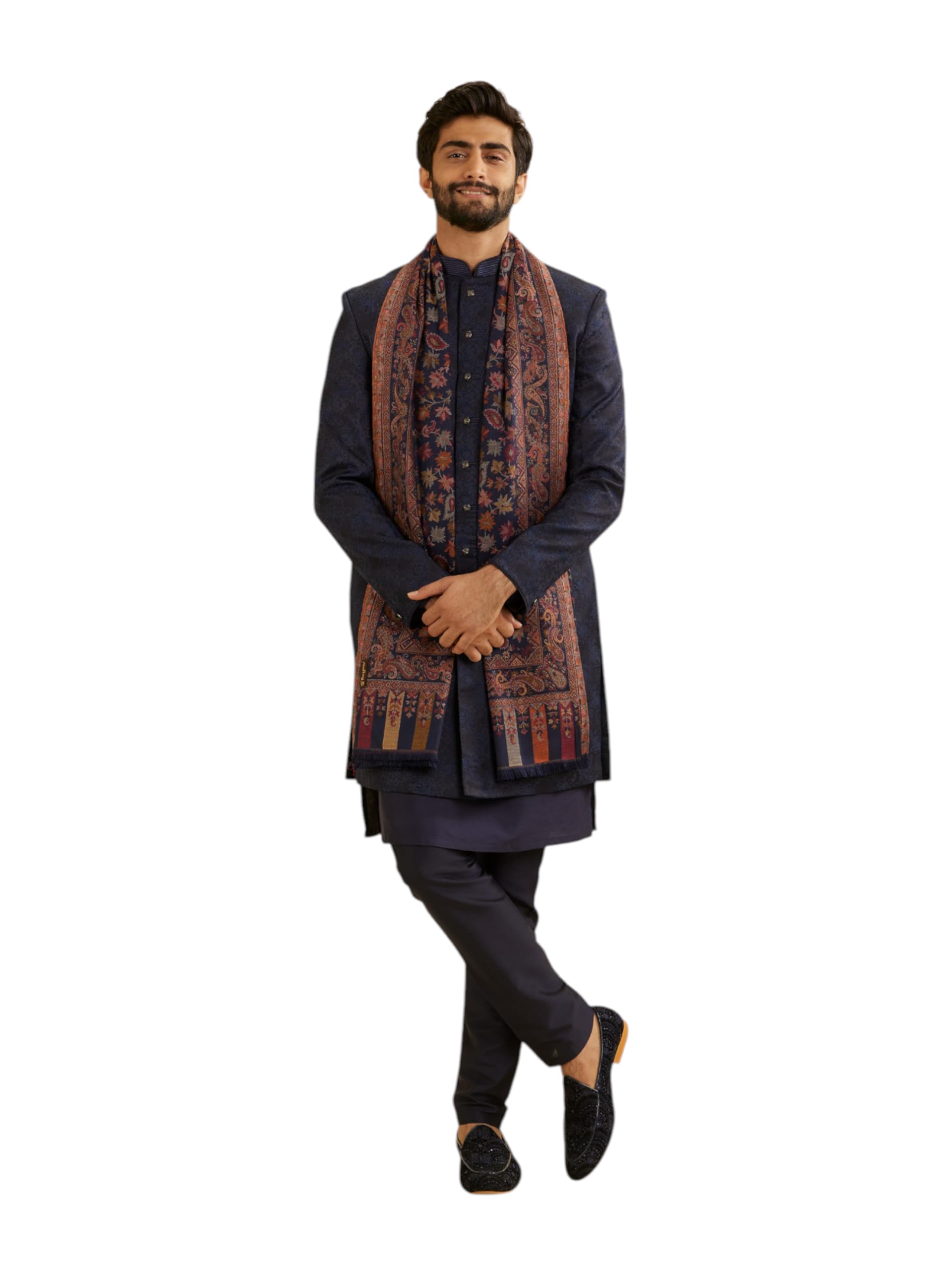 Manyavar MenS Paisley And Leaf Motifs Patterned Shawl (Blue)