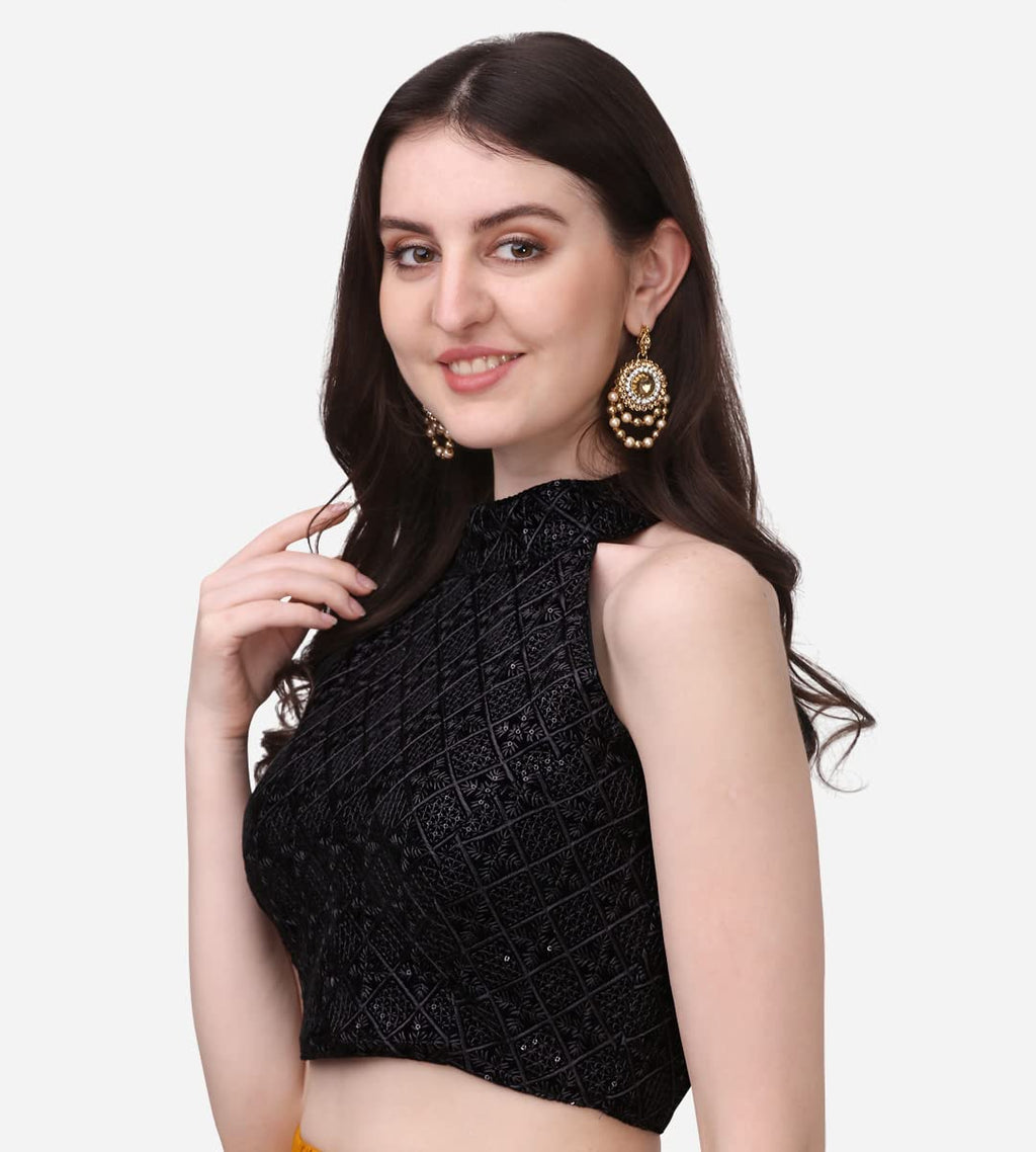 Pujia Mills WomenS Black Sleeveless Blouse For Women Halter Neck Chickenkari Sequins Work Readymade Saree Blouse (Diamond Halte