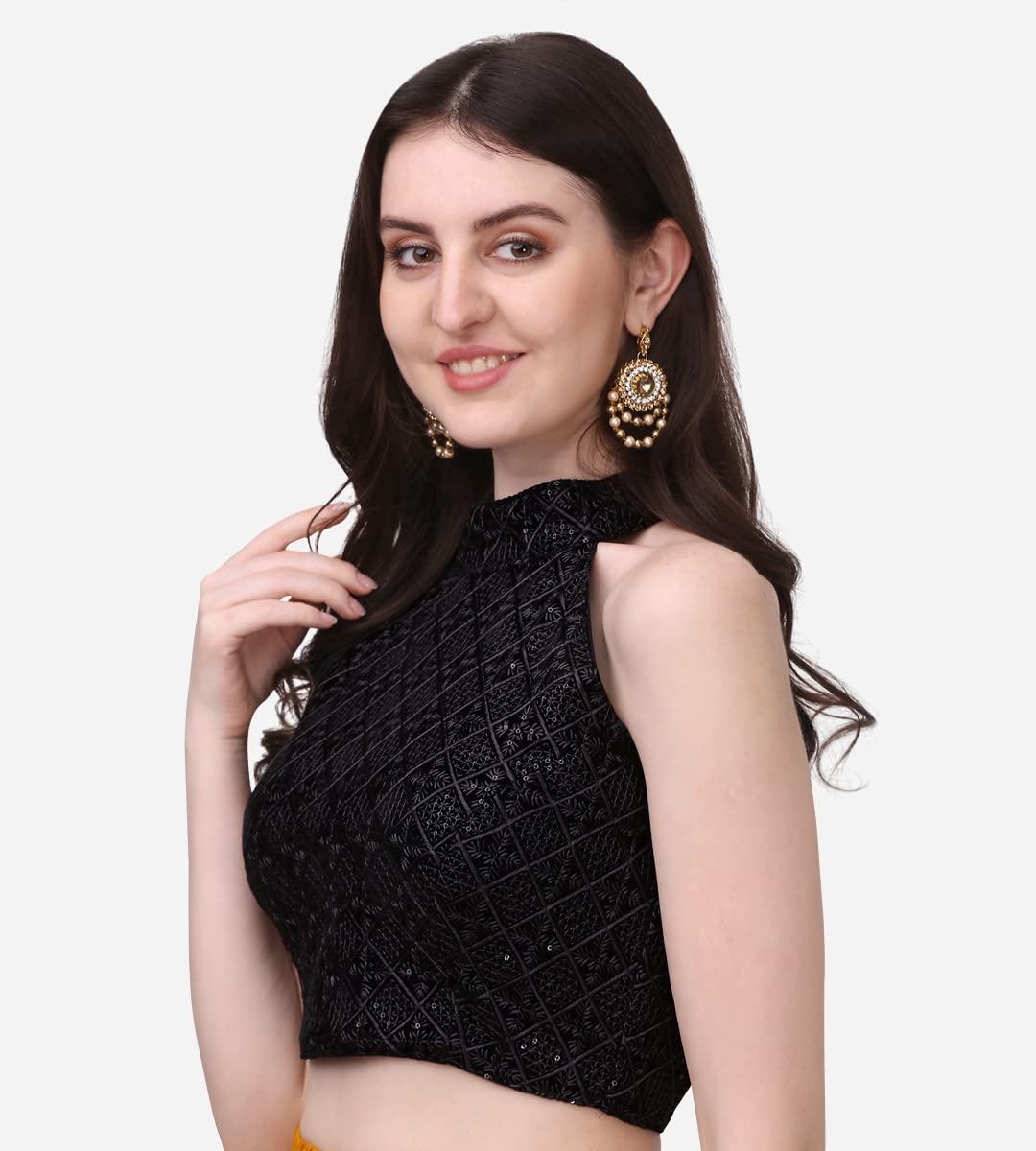 Pujia Mills WomenS Black Sleeveless Blouse For Women Halter Neck Chickenkari Sequins Work Readymade Saree Blouse (Diamond Halte