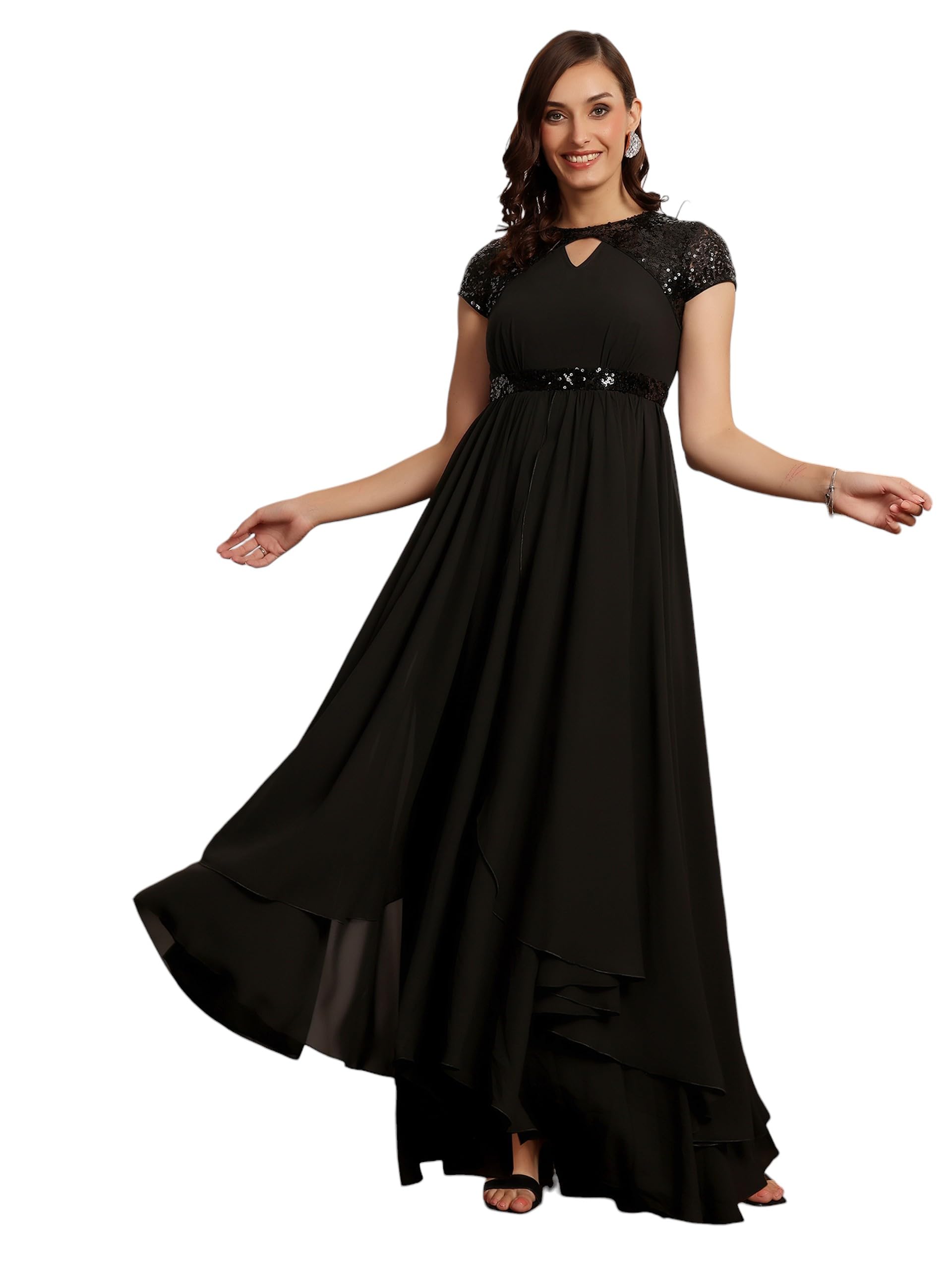 Miss Chase Womens Keyhole Neck Short Sleeve Embellished Layered Maxi Dress (MCSS25D91-88-365-04, Obsidian Black, M)