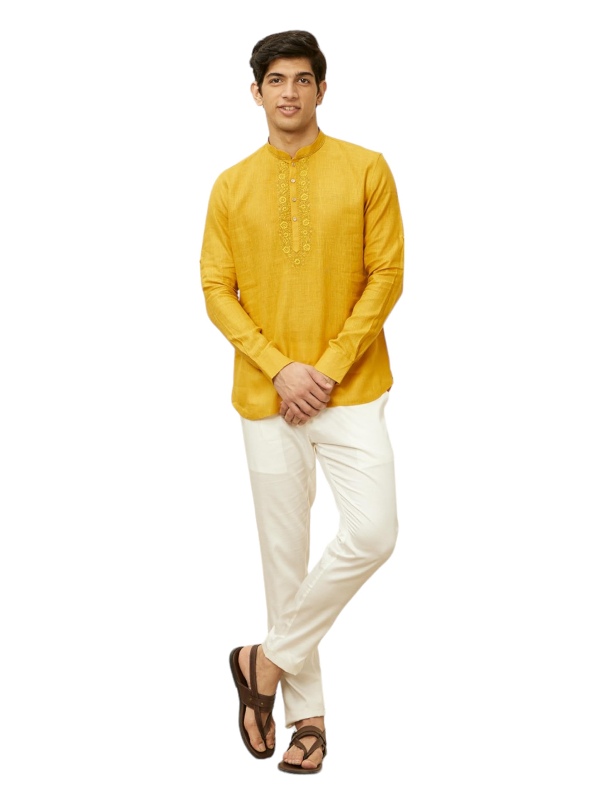 Manyavar Mens Mustard Linen Solid Short Kurtas