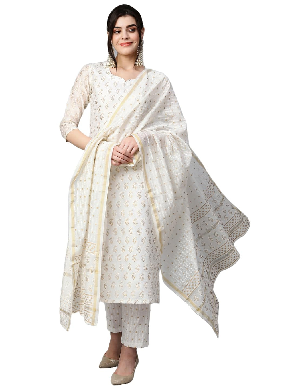 ANNI DESIGNER Womens Cotton Blend Straight Printed Kurta with Pant & Dupatta (Saligram Cream_L_Cream_Large)
