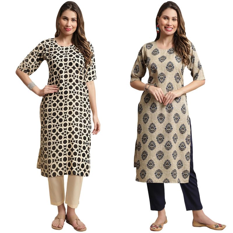 Pinkmint Crepe Kurta Set For Women Ll Printed Kurti & Pant Set Ll Combo Kurta Set Ll (Pack Of 2), Regular Fit, Multicolour, Larg