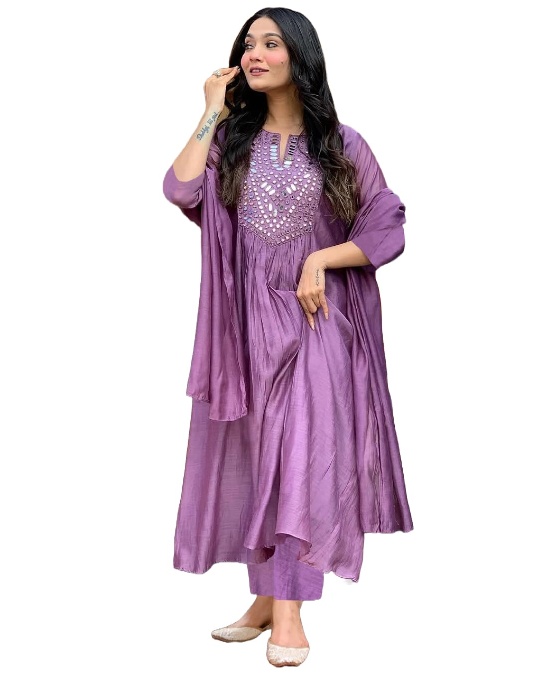 ANNI DESIGNER Womens Rayon Viscose Embroidered A-Line Kurta with Pant & Dupatta (TAKITA Purple_M_Purple_Medium)