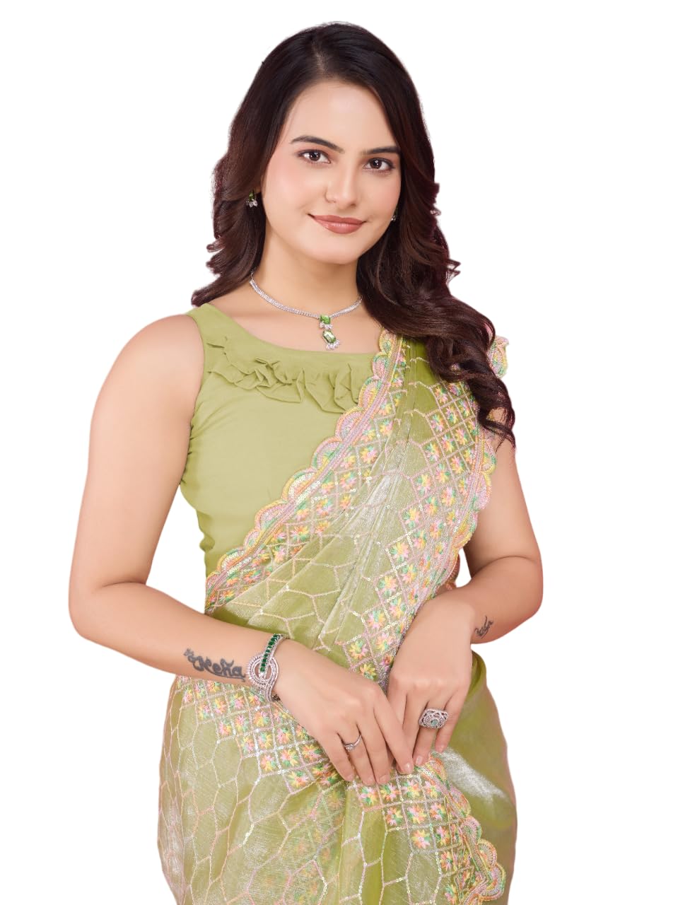 VAIRAGEE Women Soft Burberry Silk Hexagon Shape Sequnce Embroidery Saree With Unstiched Blouse(6267) (Light Green)
