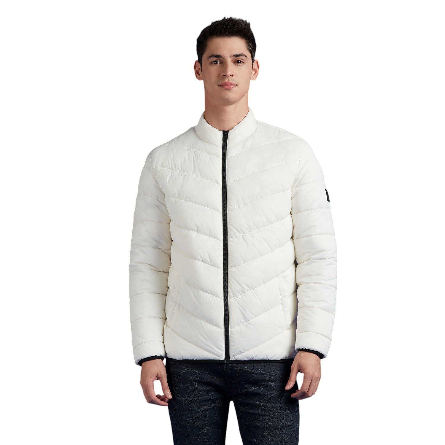 White High Neck Full Sleeve Bomber Jacket