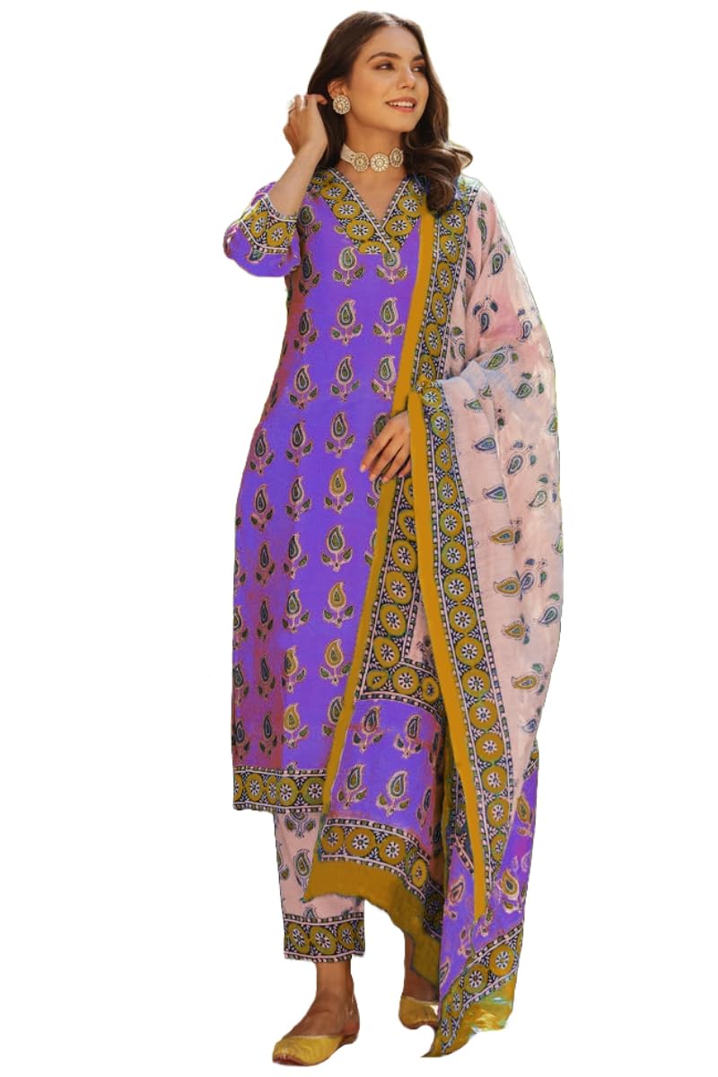 ANNI DESIGNER Womens Rayon Blend Straight Printed Kurta with Pant & Dupatta (Uchiha Purple_XXL_Purple_XX-Large)