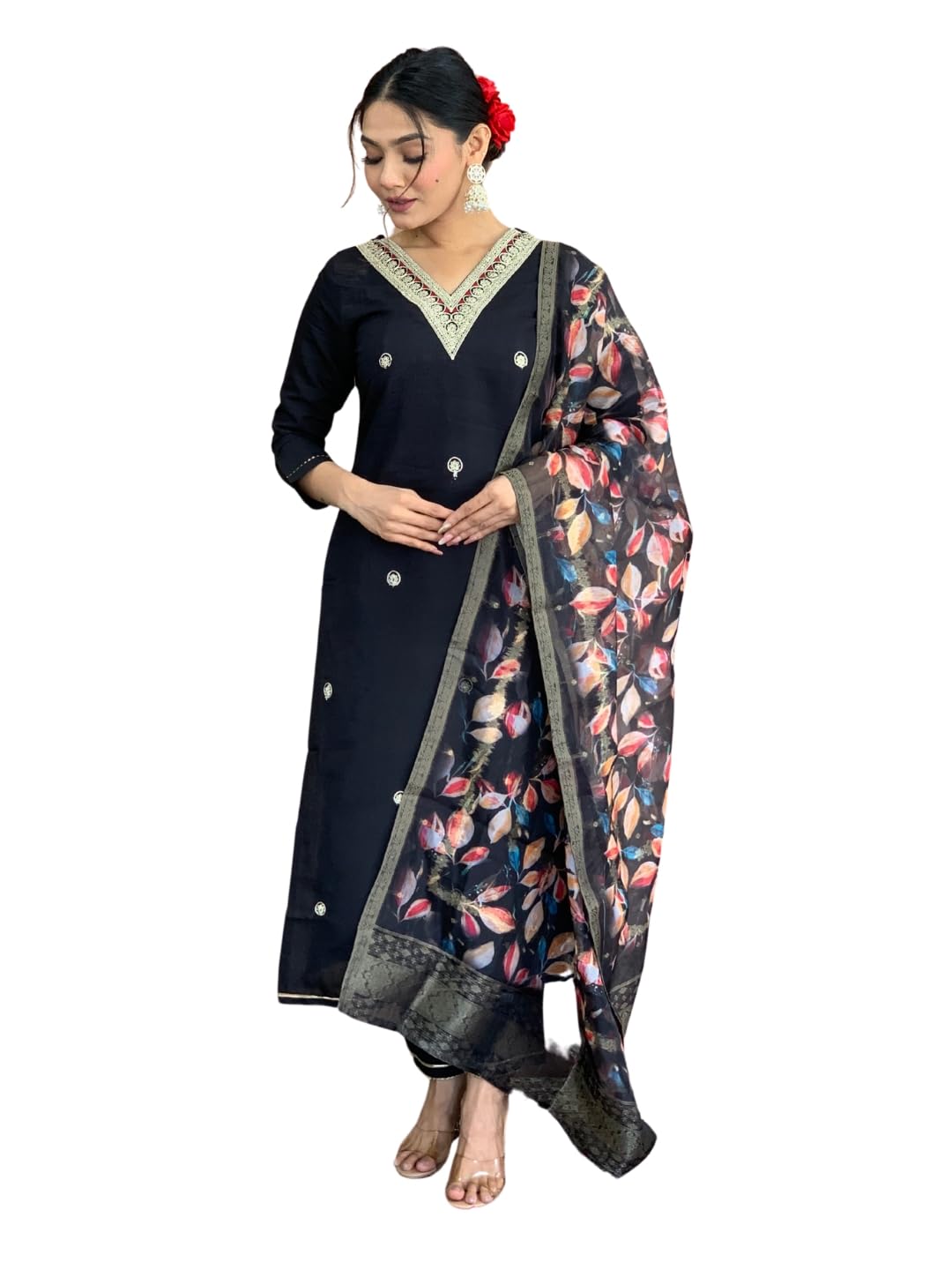 Naixa Womens Black Rayon Slub Embroidered Straight Kurta with Rayon Slub Pant and Chinon Jacquard Dupatta Sets (NX-542-Black-XL