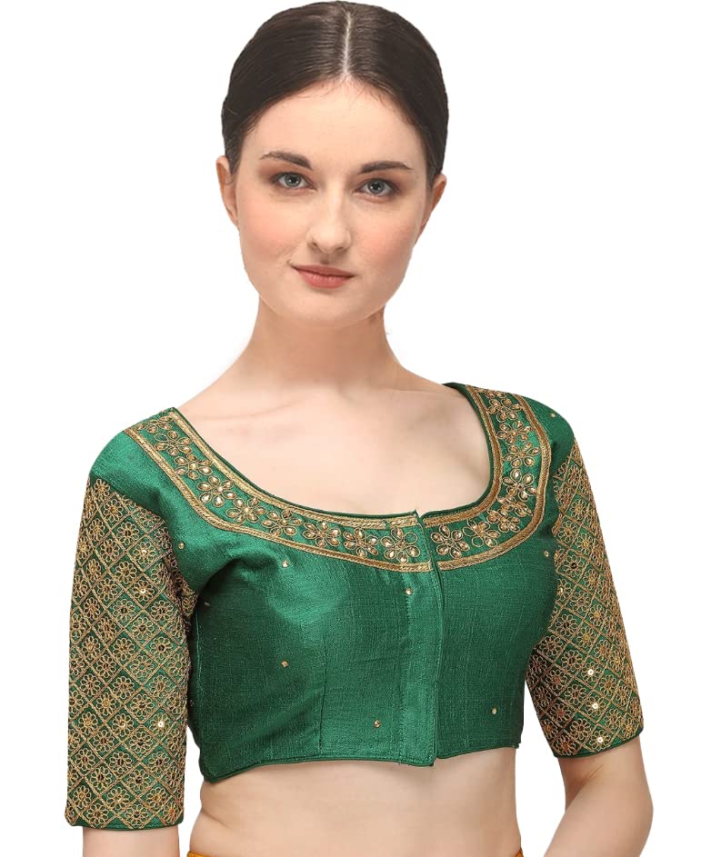 Pujia Mills Womens Embroidery Handwork Sequence Work Necklace Design Readymade Blouse (Green, 36)