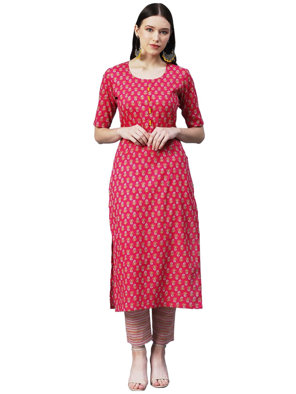 Gosriki Women'S Cotton Blend Printed Straight Kurta With Pant (Prnea-Red-Gs_L_Red_Large)