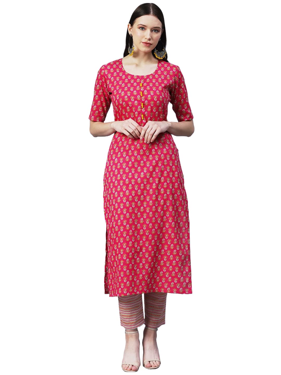 Gosriki Women'S Cotton Blend Printed Straight Kurta With Pant (Prnea-Red-Gs_L_Red_Large)