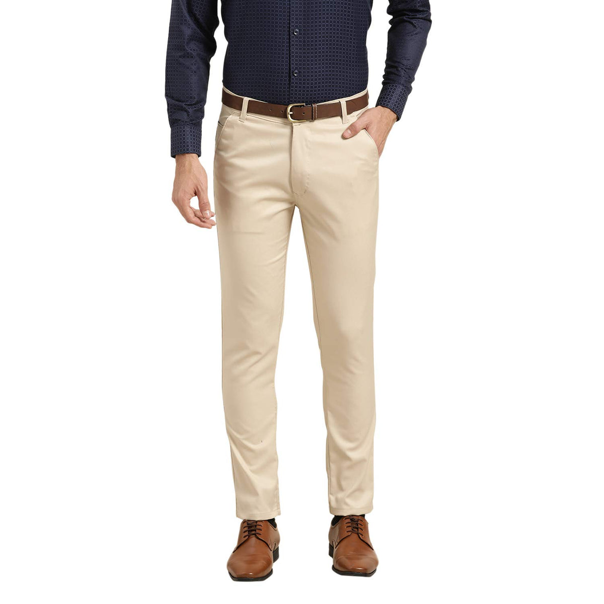 SOJANYA (Since 1958 Mens Cotton Blend Beige Solid Formal Trousers, Size: 30