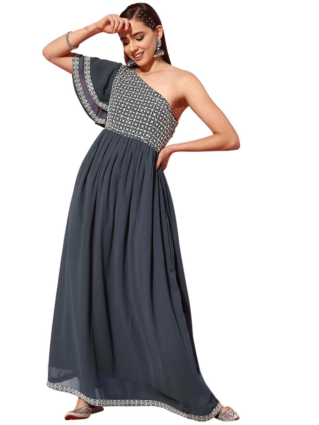 Libas WomenS Georgette Gown Maxi Dress (26502_Grey