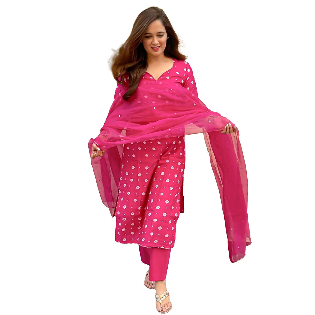 ANNI DESIGNER Womens Cotton Straight Kurta with Pant & Dupatta (KPTD-COT-10003-PINK_XXL_Pink_XX-Large)