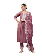 Stylum Womens Embroidered Silk Blend Straight Kurta Pant Dupatta Set (KPDMAUVERAJNI44_Mauve, XXL)