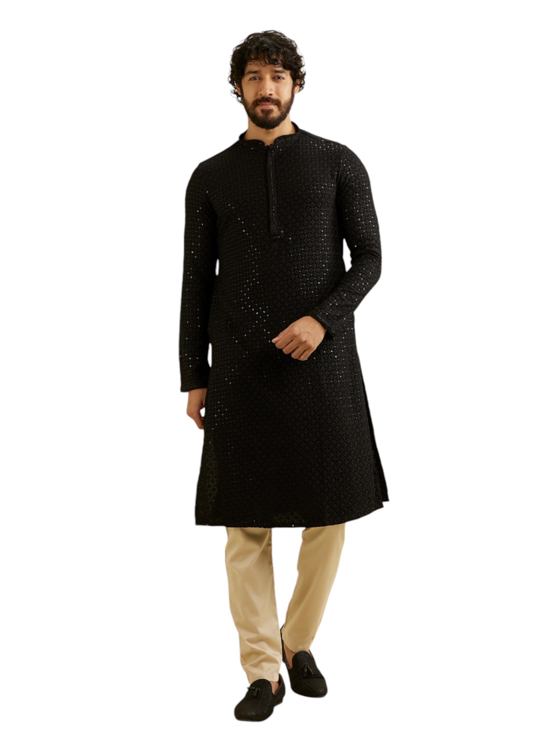 Manyavar Mens Viscose Sequined Kurta Set (Black,XL)