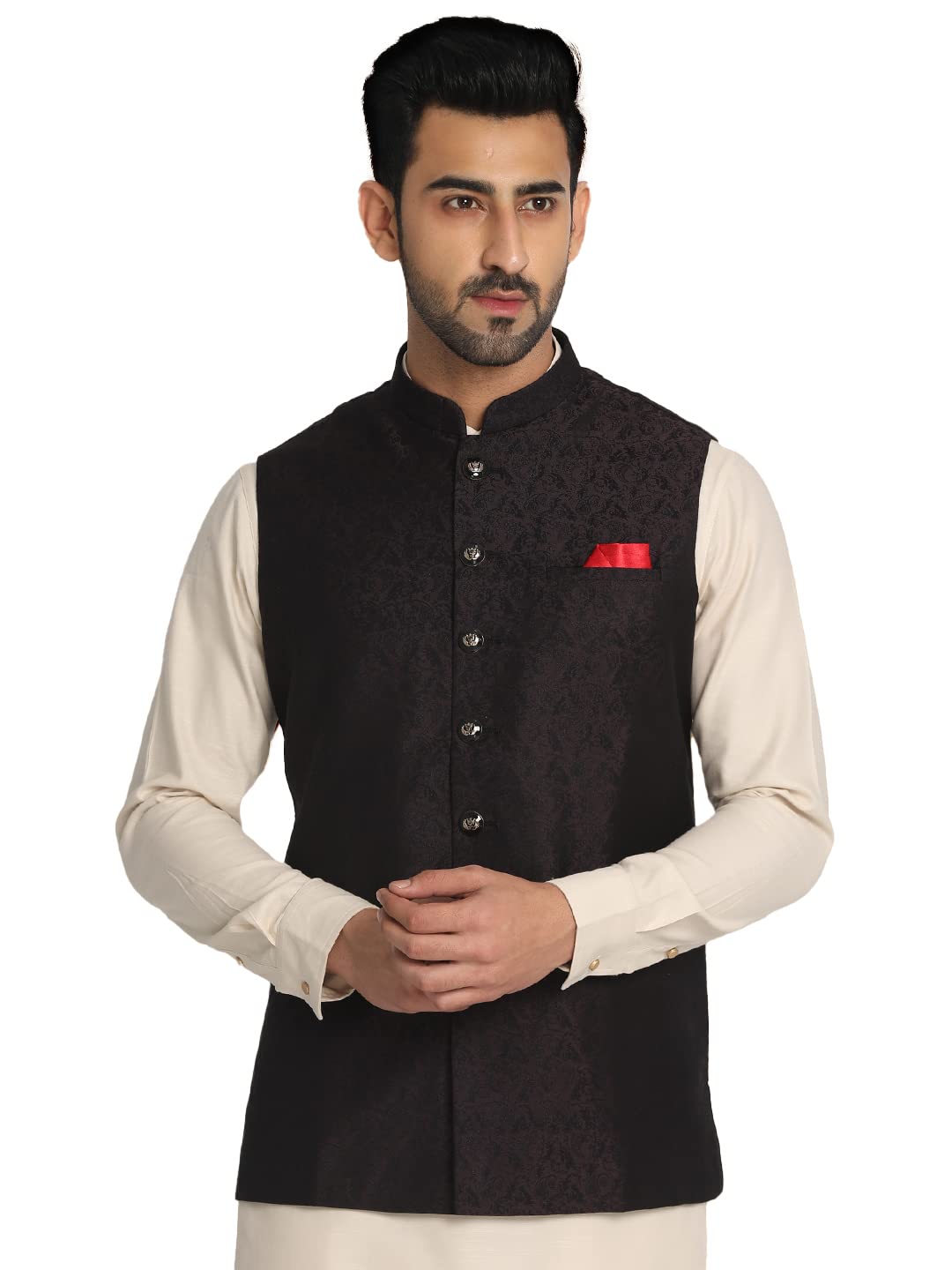 Manyavar Nehru Jacket For Men, Sleeveless Mandarrin Collar Button Closure Jacket, Casual Viscous Blend Mens Jacket/Coat (Blue) 