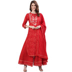 Ishin Women'S Pure Cotton Straight Embroidered Gotta Patti Bandhani Print Red Kurta Suit Set With Sharara Xykplpmmp-5011D_S_Red