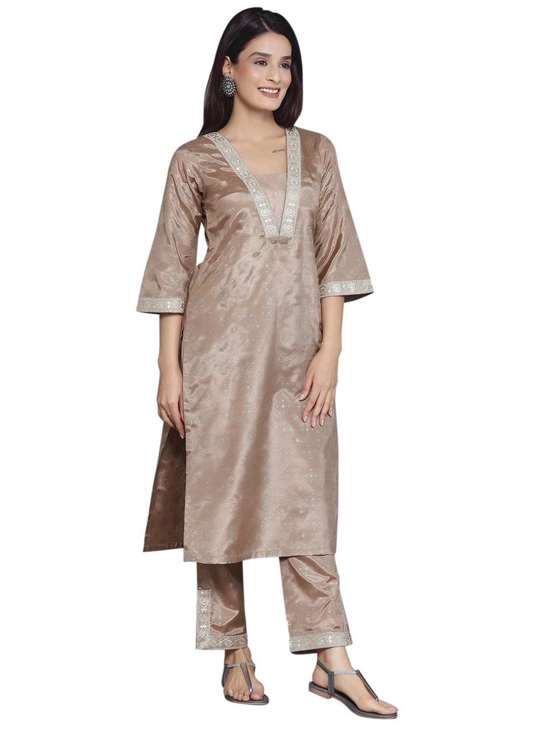 Libas Womens Woven Design Silk Blend Straight Kurta With Trousers
