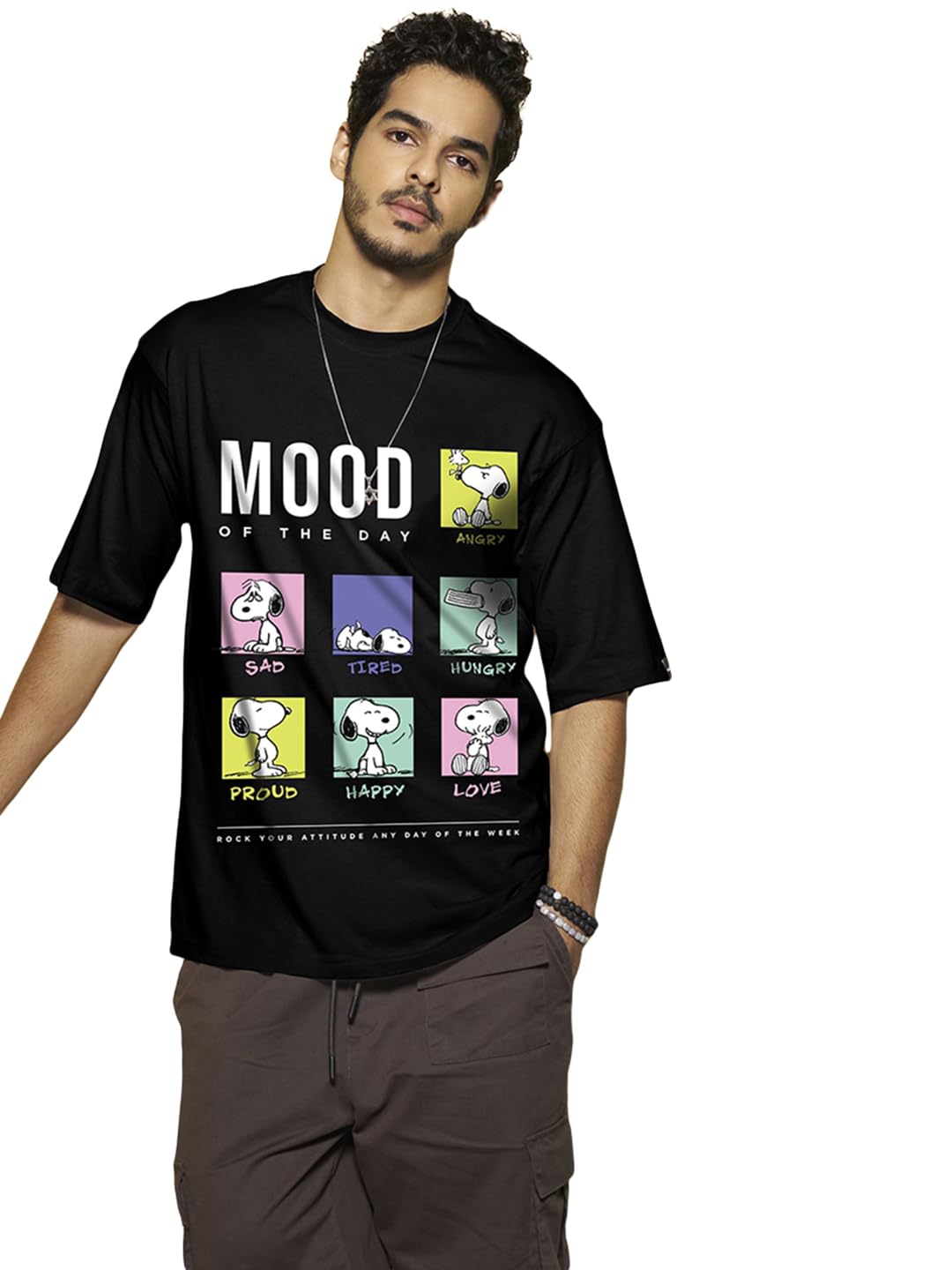 Bewakoof Official Peanuts Merchandise Mens Snoopy Mood Graphic Print Cotton Jersey T-Shirt - Oversized Fit, Round Neck, Half Sl