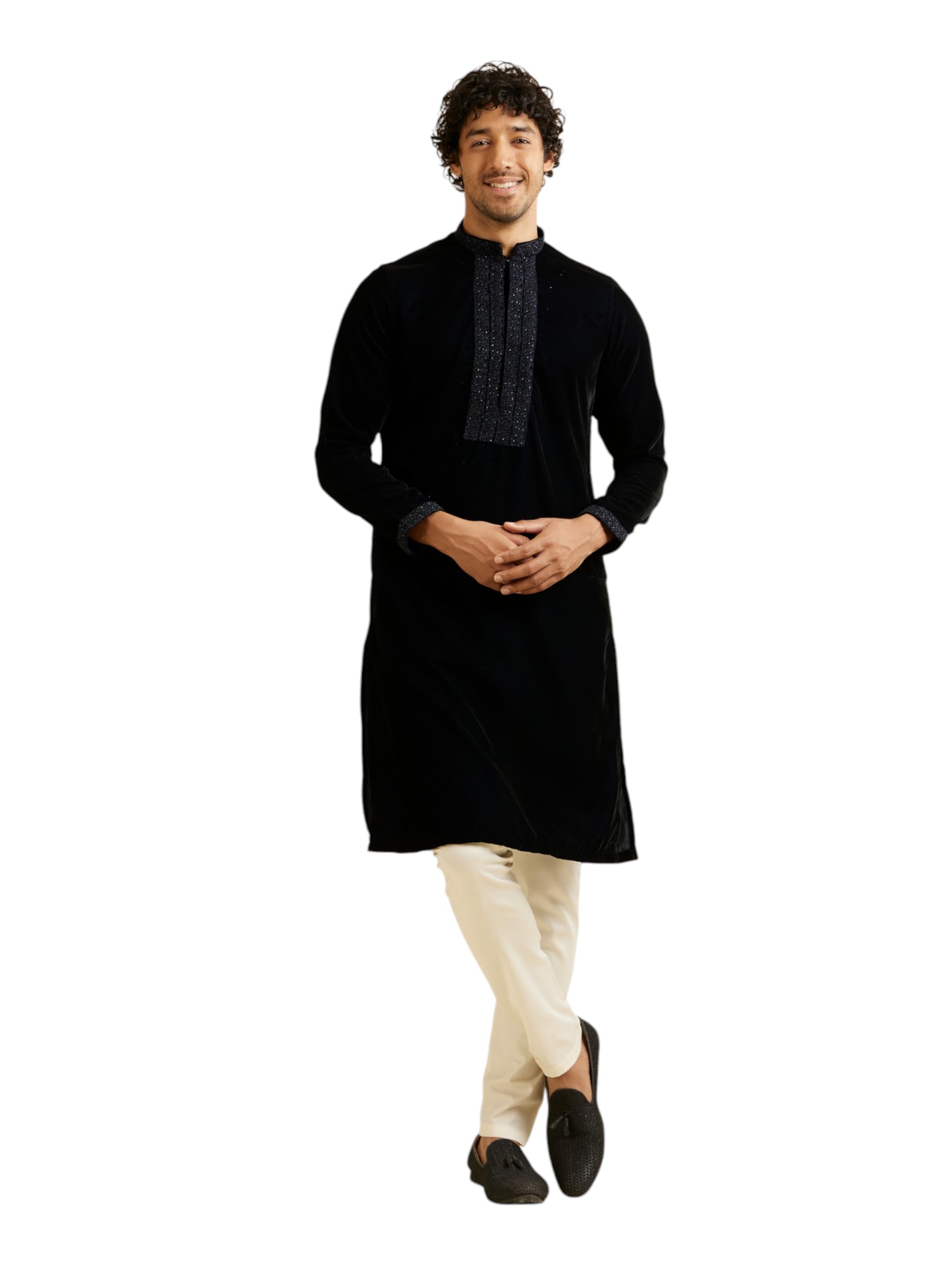 Manyavar MenS Velvet Neckline Embroidered Kurta Set (Dark Blue,L)