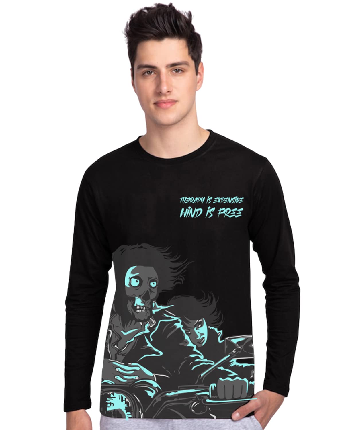 Veirdo Men's Cotton Full Sleeve Round Neck Ghost Skull Graphic Printed T-Shirt