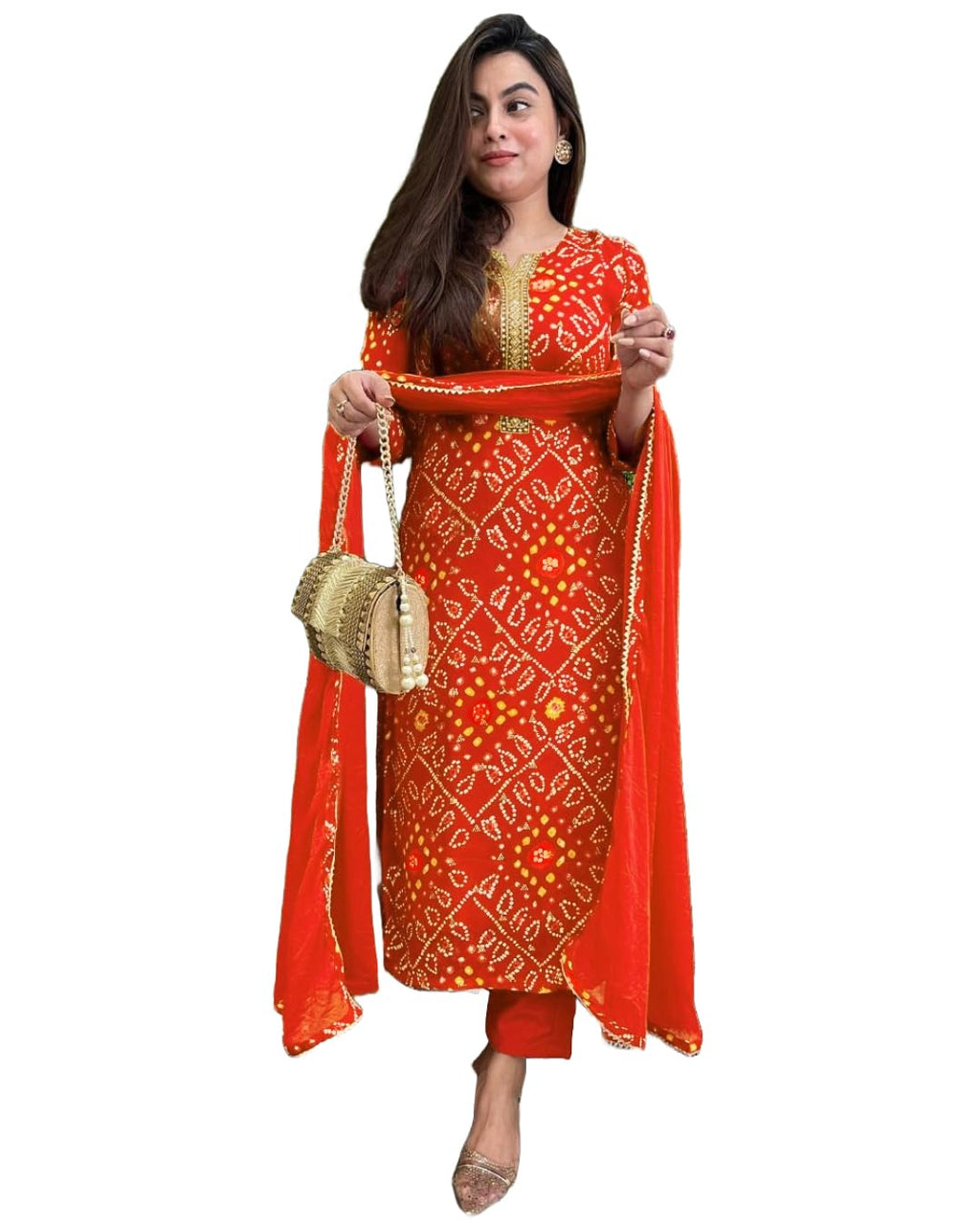 ANNI DESIGNER Womens Rayon Blend Straight Bandhej Printed Kurta with Pant & Dupatta (Turae Orange_S_Orange_Small)