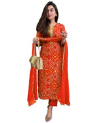 ANNI DESIGNER Womens Rayon Blend Straight Bandhej Printed Kurta with Pant & Dupatta (Turae Orange_S_Orange_Small)