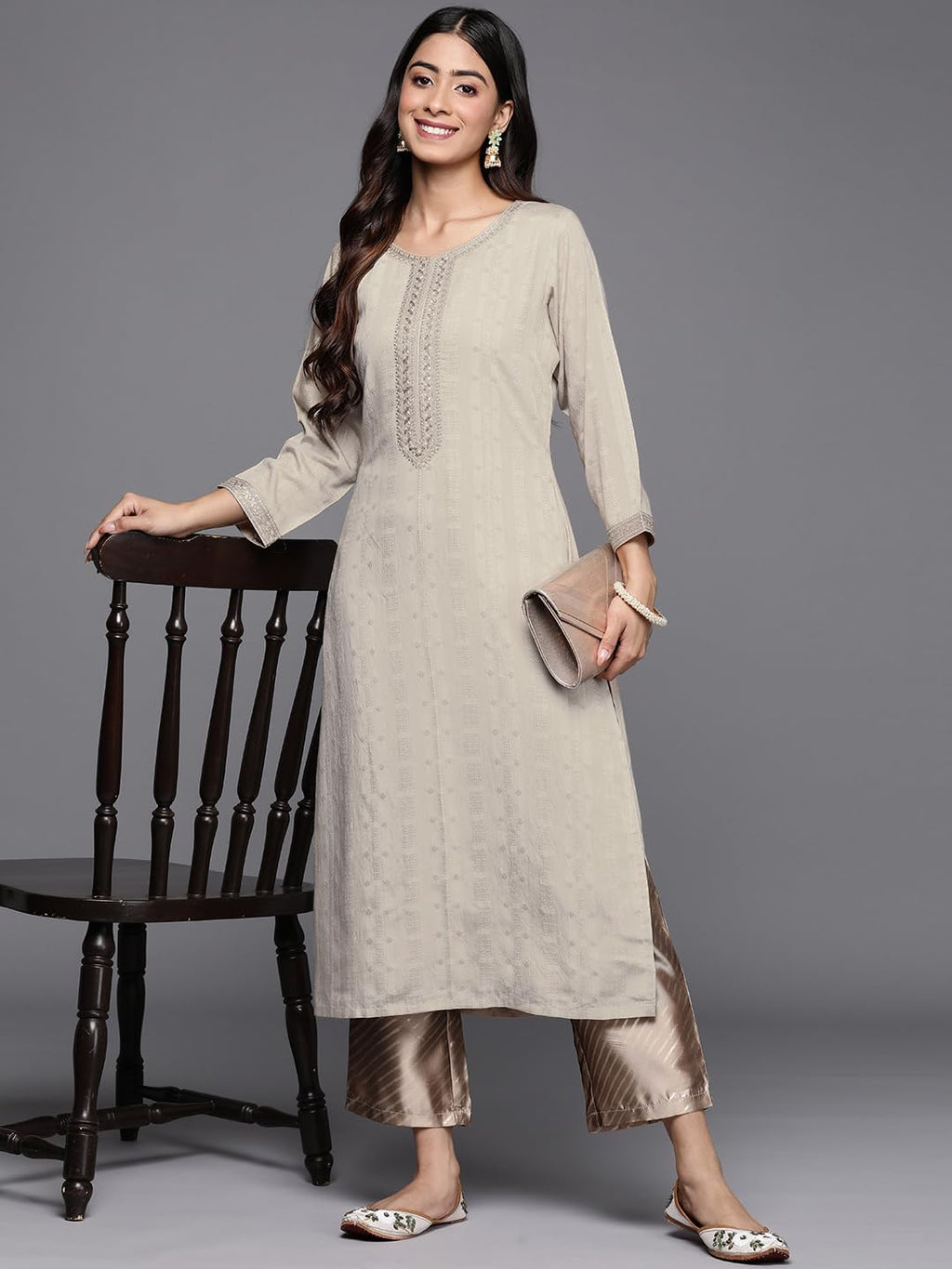 Libas WomenS Viscose Rayon Woven Design Straight Kurta (28069_Taupe