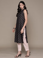 Anubhutee Women'S Cotton Abstract Black Straight Kurta