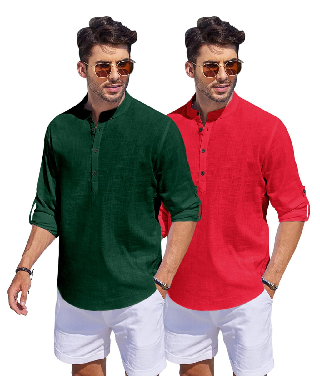 Hemrin Combo Of Men Solid Cotton Blend Straight Kurta Shirt Pack Of 2