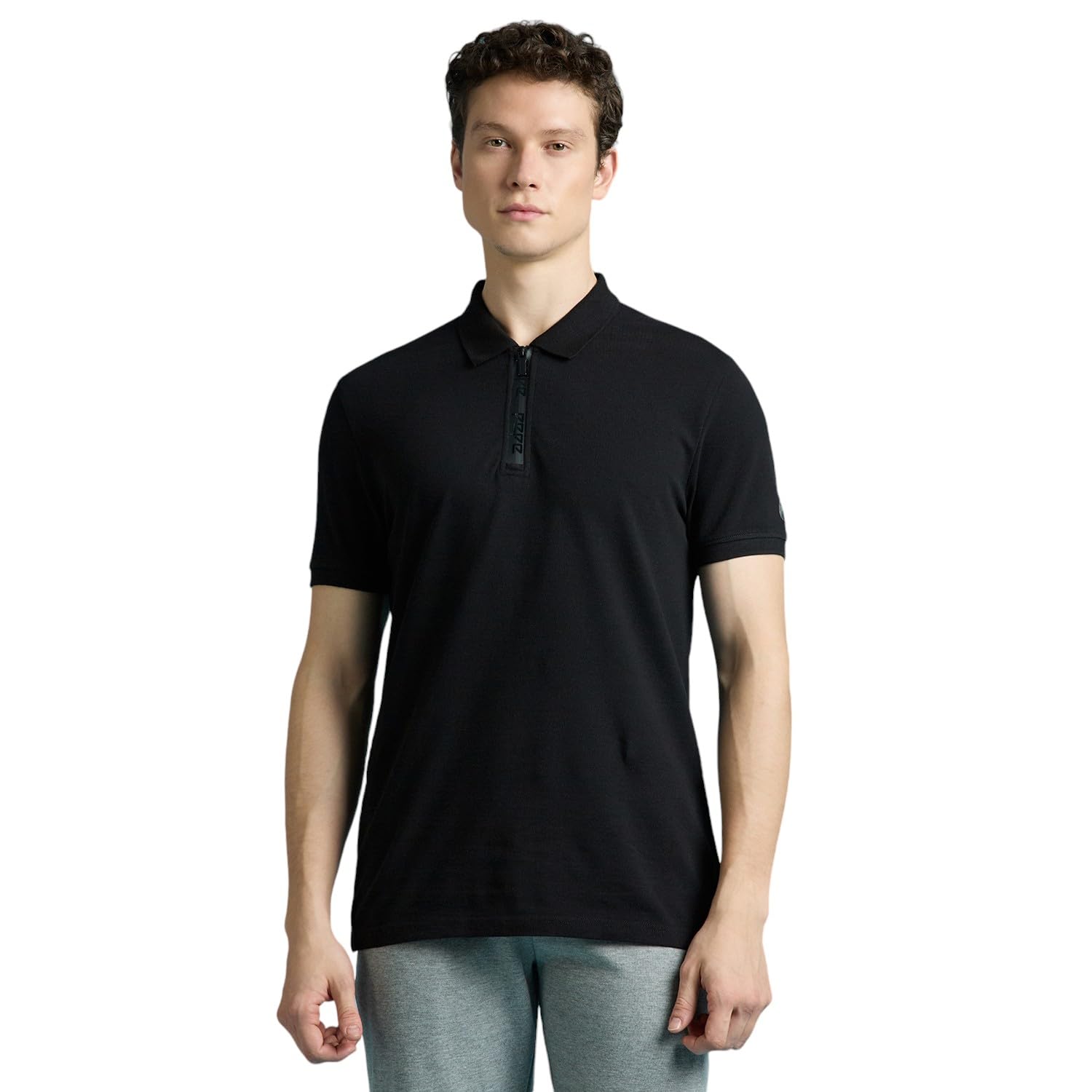 Black Short Sleeved Zipper Stretch Polo