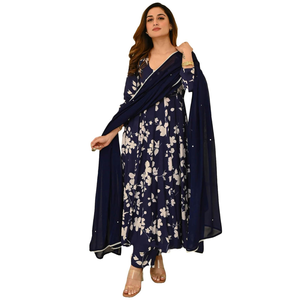 ANNI DESIGNER Womens Rayon Blend Printed Anarkali Kurta with Pant & Dupatta (Kanodiya Blue_XXL_Blue_XX-Large)