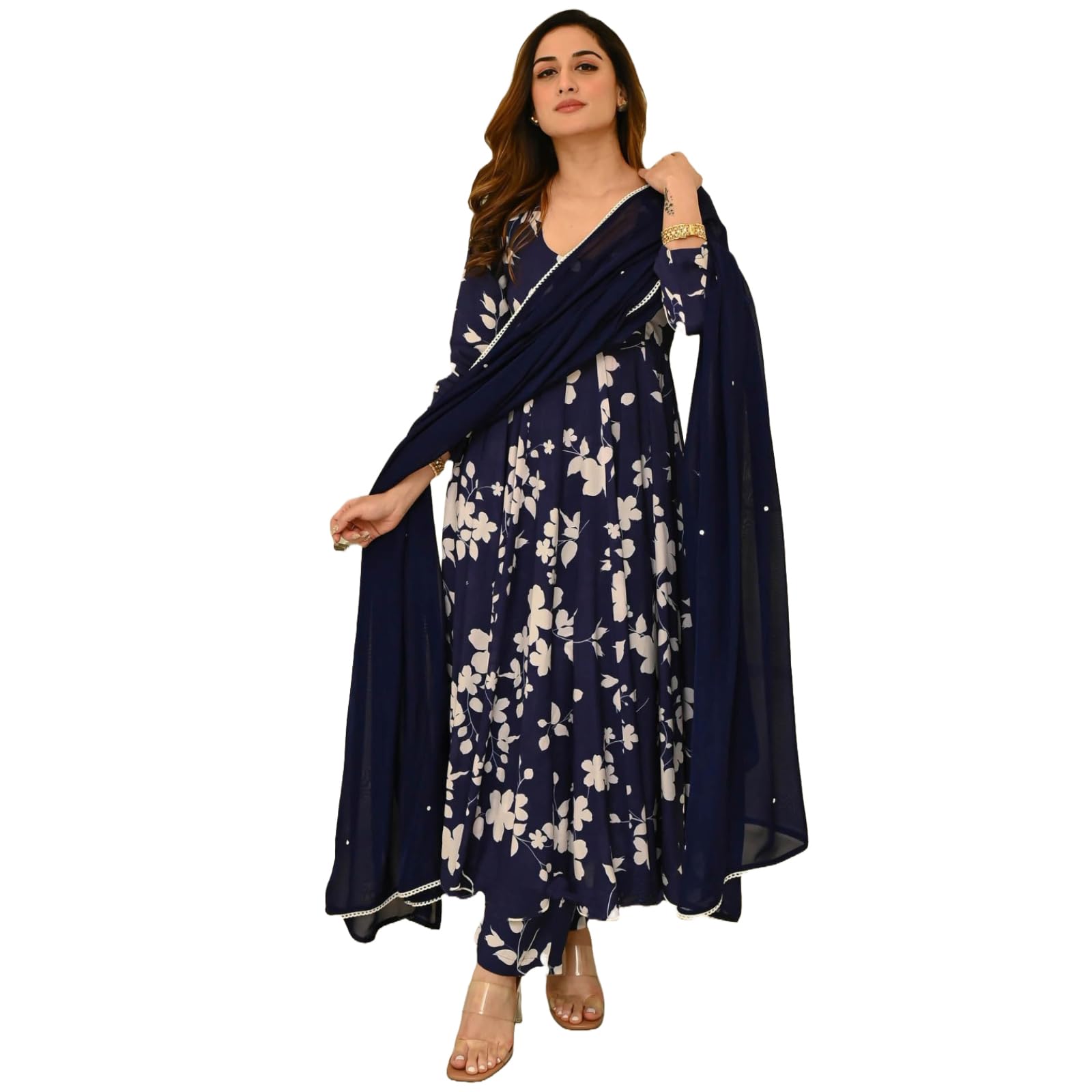 ANNI DESIGNER Womens Rayon Blend Printed Anarkali Kurta with Pant & Dupatta (Kanodiya Blue_XXL_Blue_XX-Large)