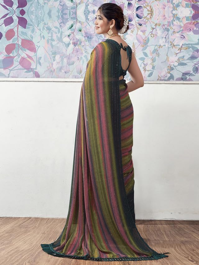 Satrani Womens Georgette Glitter Zari Stripe Printed Saree with Unstitched Blouse Piece