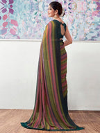 Satrani Womens Georgette Glitter Zari Stripe Printed Saree with Unstitched Blouse Piece