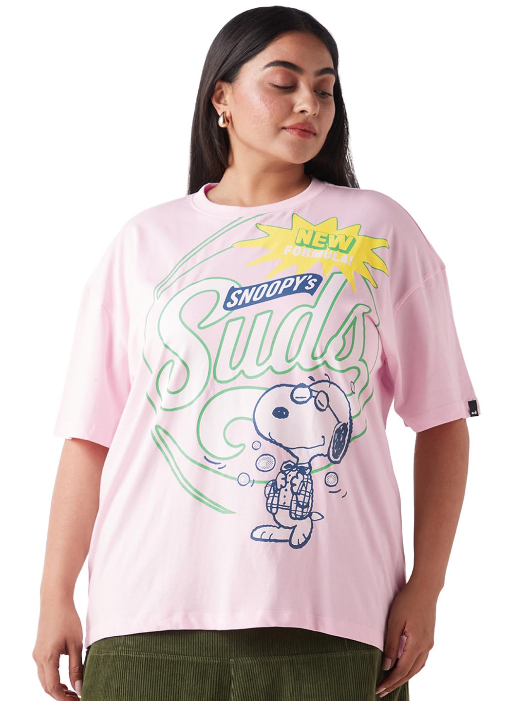 Bewakoof Official Peanuts Merchandise Peanuts Womens Graphic Print Oversized Fit Half Sleeve Round Neck Cotton Plus Size T-Shir