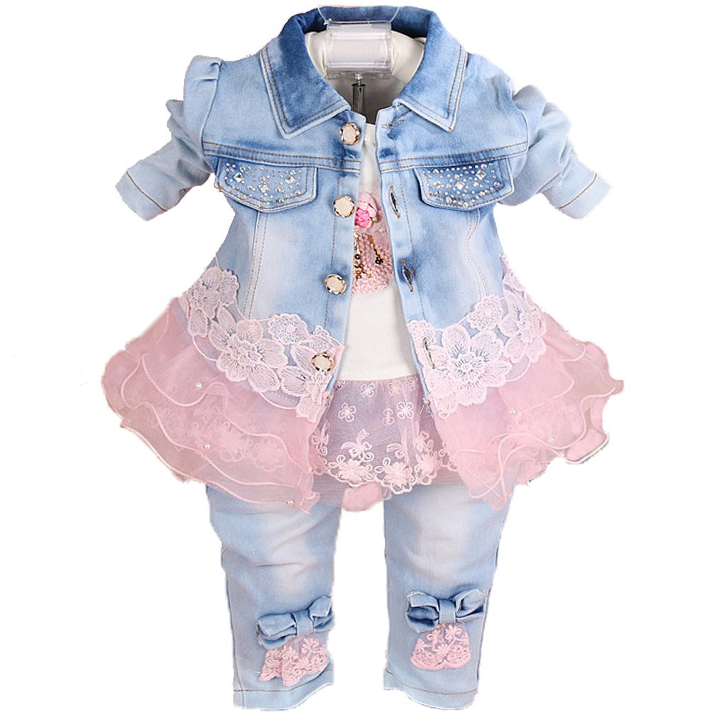 Yao Little Girls Denim Clothing Sets 3 Pieces Sets T Shirt Denim Jacket and Jeans(Pink,4-5Years)