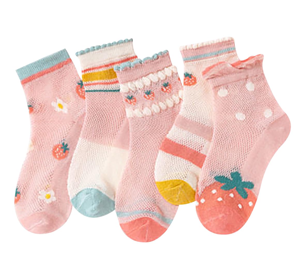 Syga 5 Pairs Baby Girl & Baby Boy Socks, Toddlers Infant Cotton Stretch Crew Socks With Light Strawberry Design, Suitable For 0 0-24